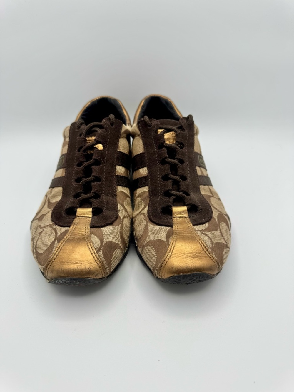 Vintage Early 2000s Coach Signature Monogram Sneakers Brown Gold Suede Size 6.5